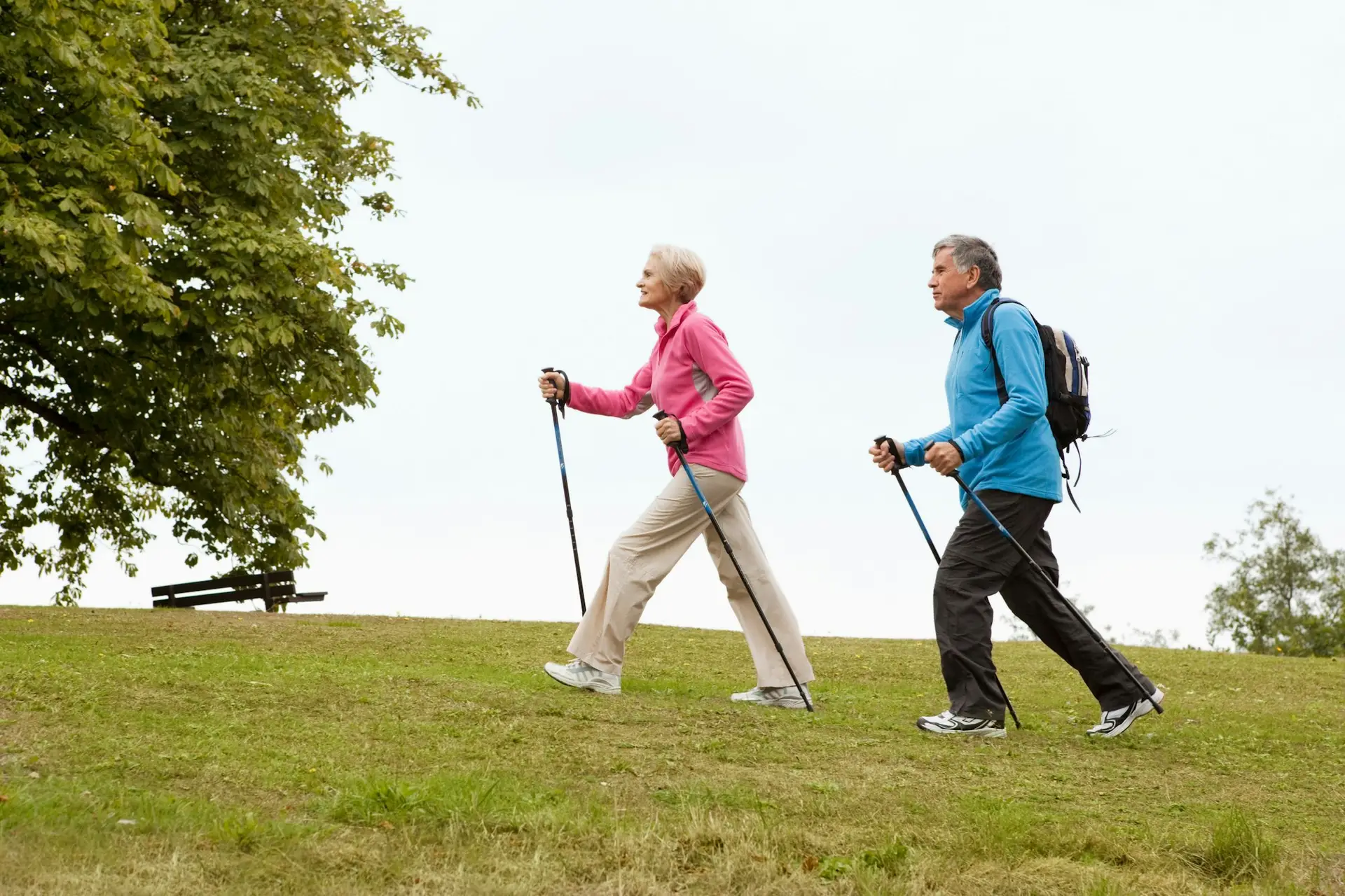 Mature couple nordic walking in park